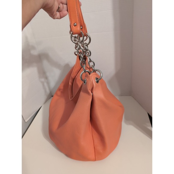 Bodhi Pebbled Leather Peach Hobo Bag With Silver Chain Straps - Picture 2 of 15